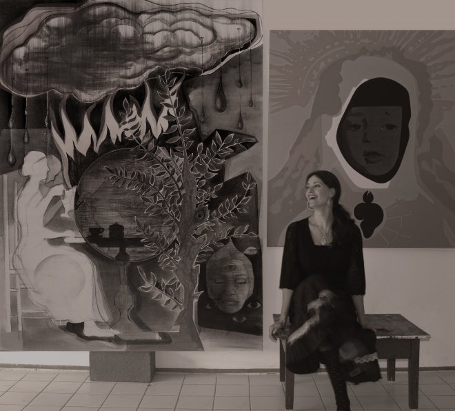 Atelier met ´Drinking tea while the world is on fire´, 200-150cm